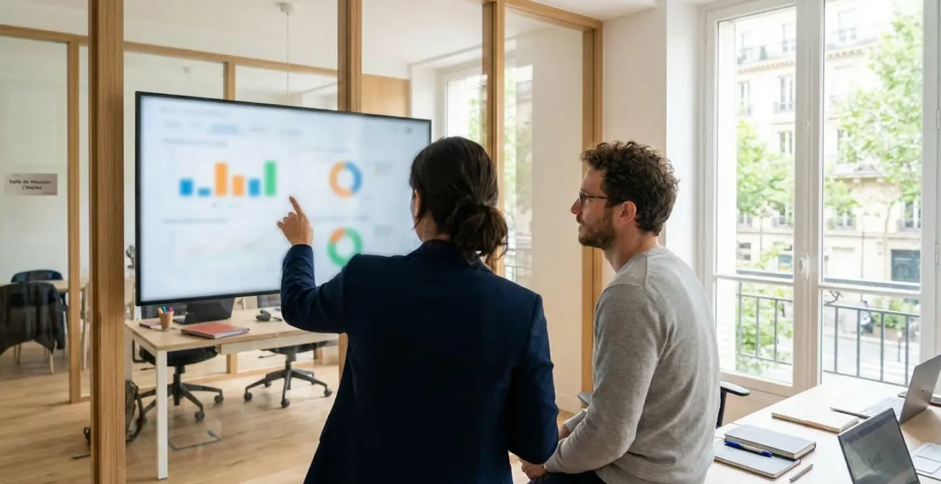 Deux professionnels de dos observant des graphiques sur un écran dans un bureau contemporain aux lignes épurées