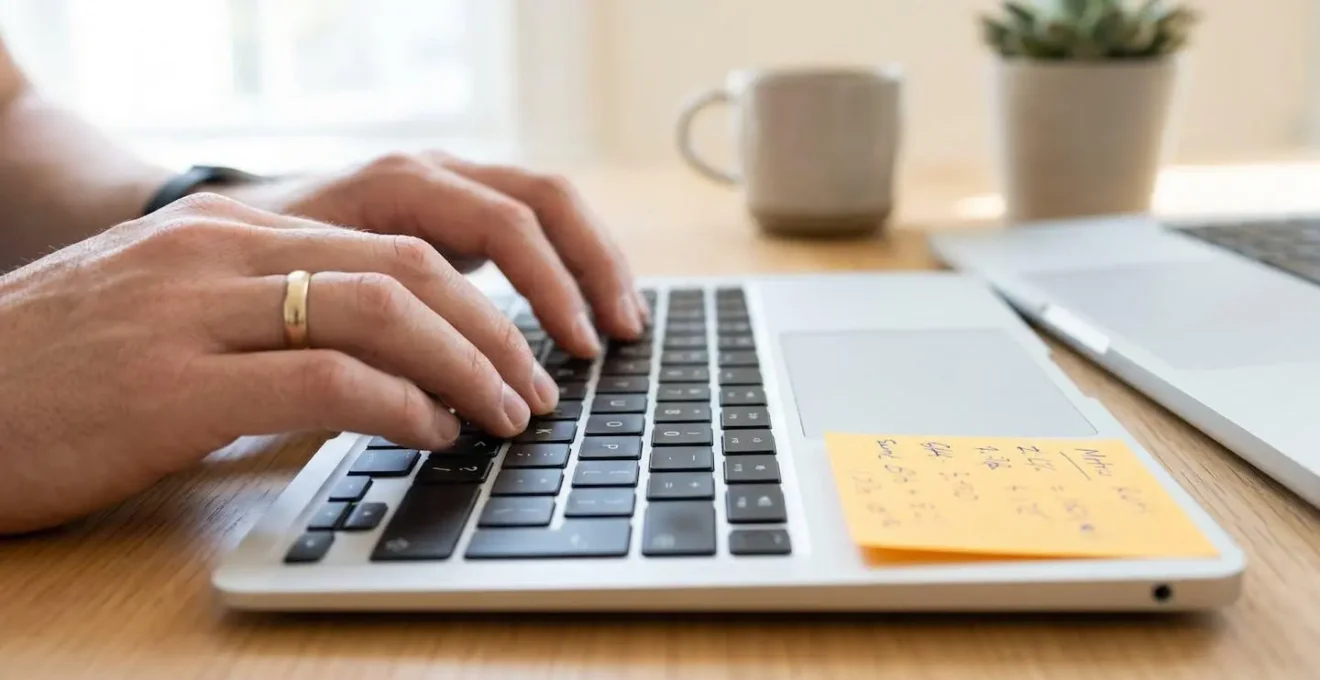 Gros plan sur des mains tapant sur un clavier d'ordinateur portable avec un post-it coloré affichant des indicateurs à côté